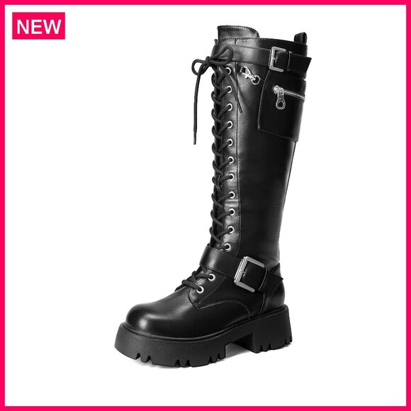 Women's Knee High Combat Boots Lace Up Platform Lug Sole Motorcycle Style